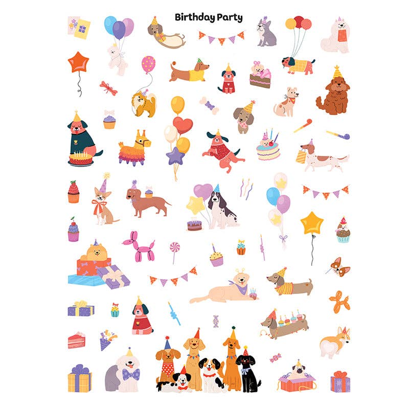 Collection of cartoon animals celebrating a birthday party with various elements like balloons, cakes, and presents.