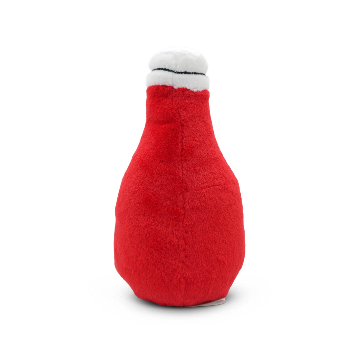 Red plush bottle toy with a white cap on a white background