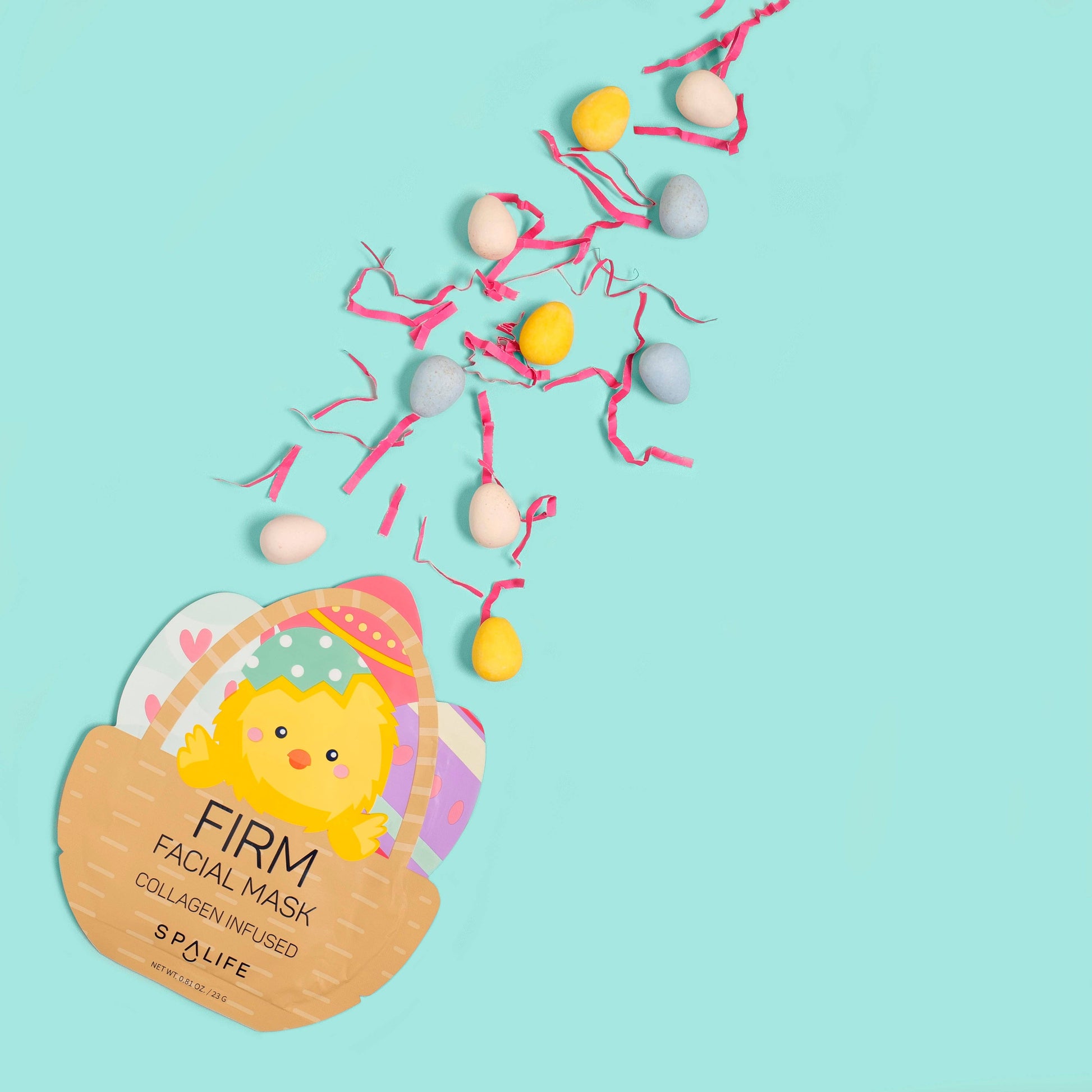 Firm facial mask with a cartoon chick on a light blue background with easter eggs
