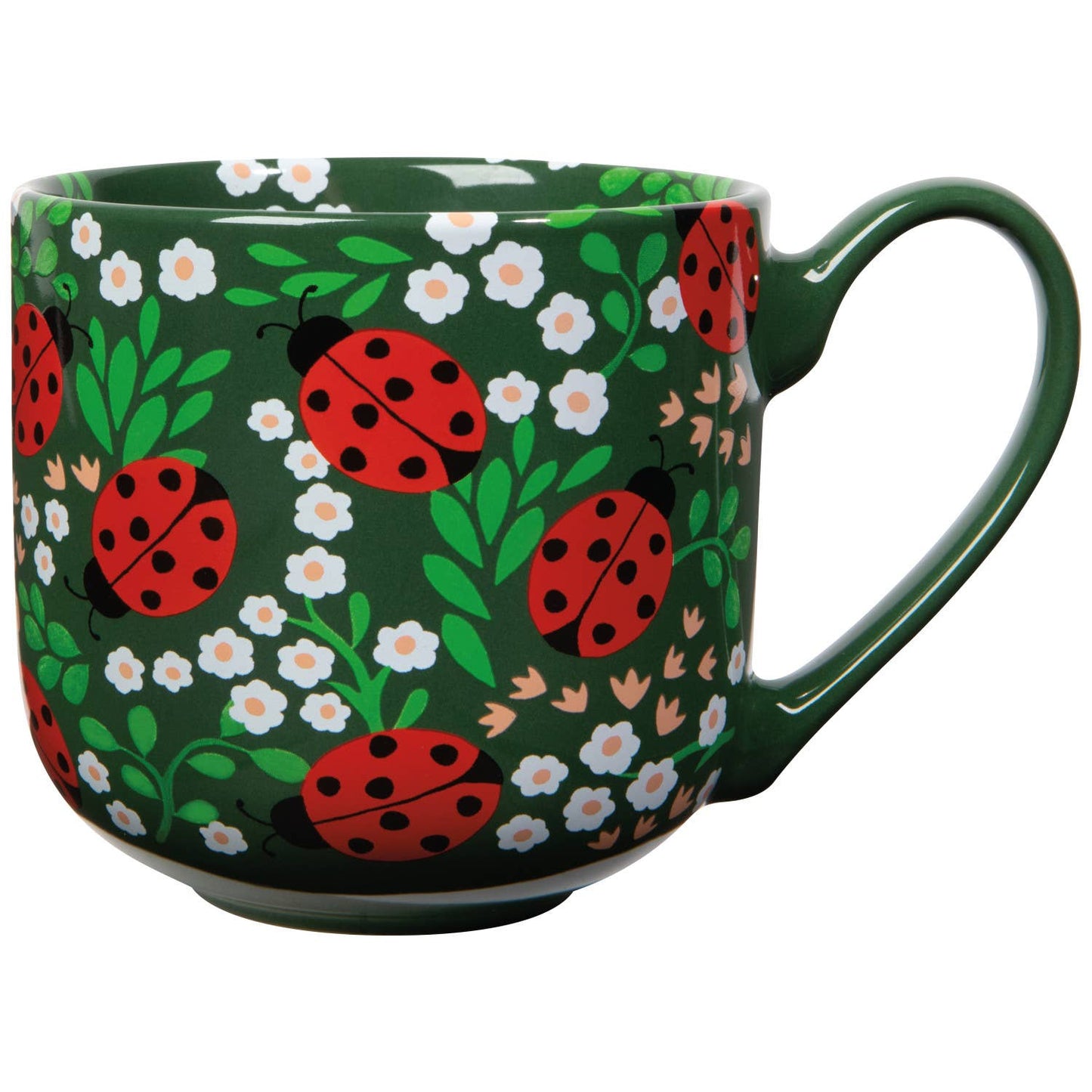 Green mug with red ladybug and white flower pattern on a white background