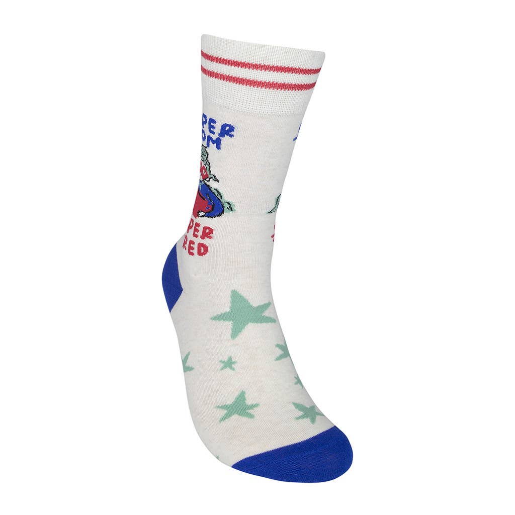 White sock with colorful patterns and text on a white background