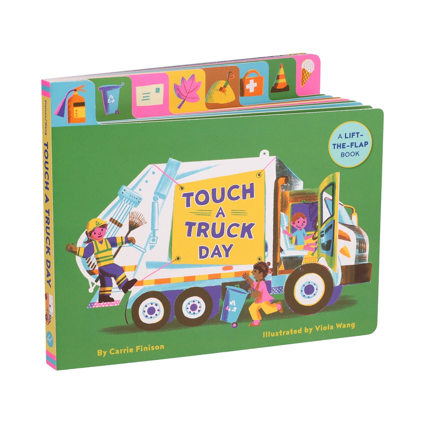 Children's book titled 'Touch a Truck Day' with colorful illustrations on a white background