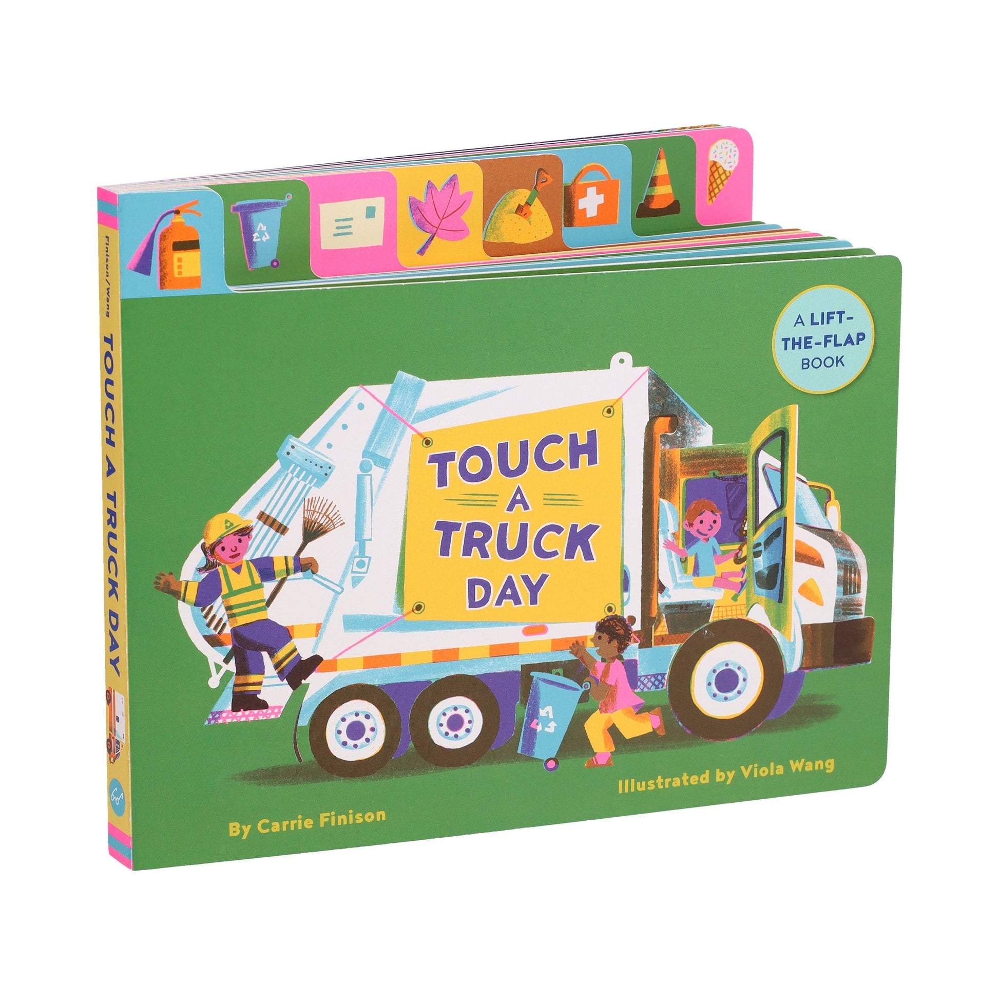 Children's book titled 'Touch a Truck Day' with colorful illustrations on a white background