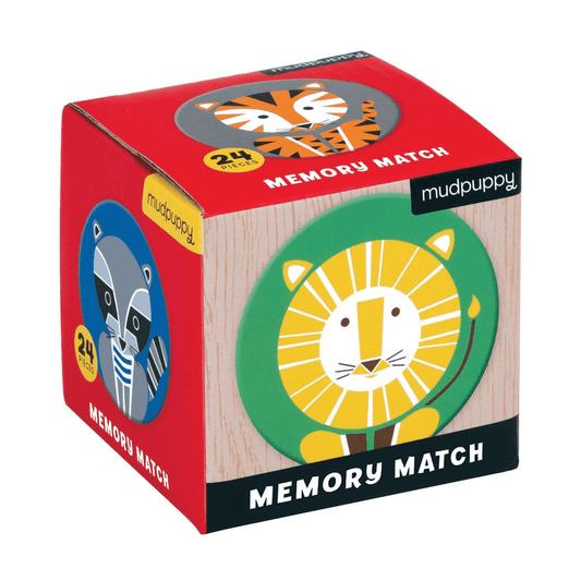 Mudpuppy memory match game box with animal illustrations on a white background