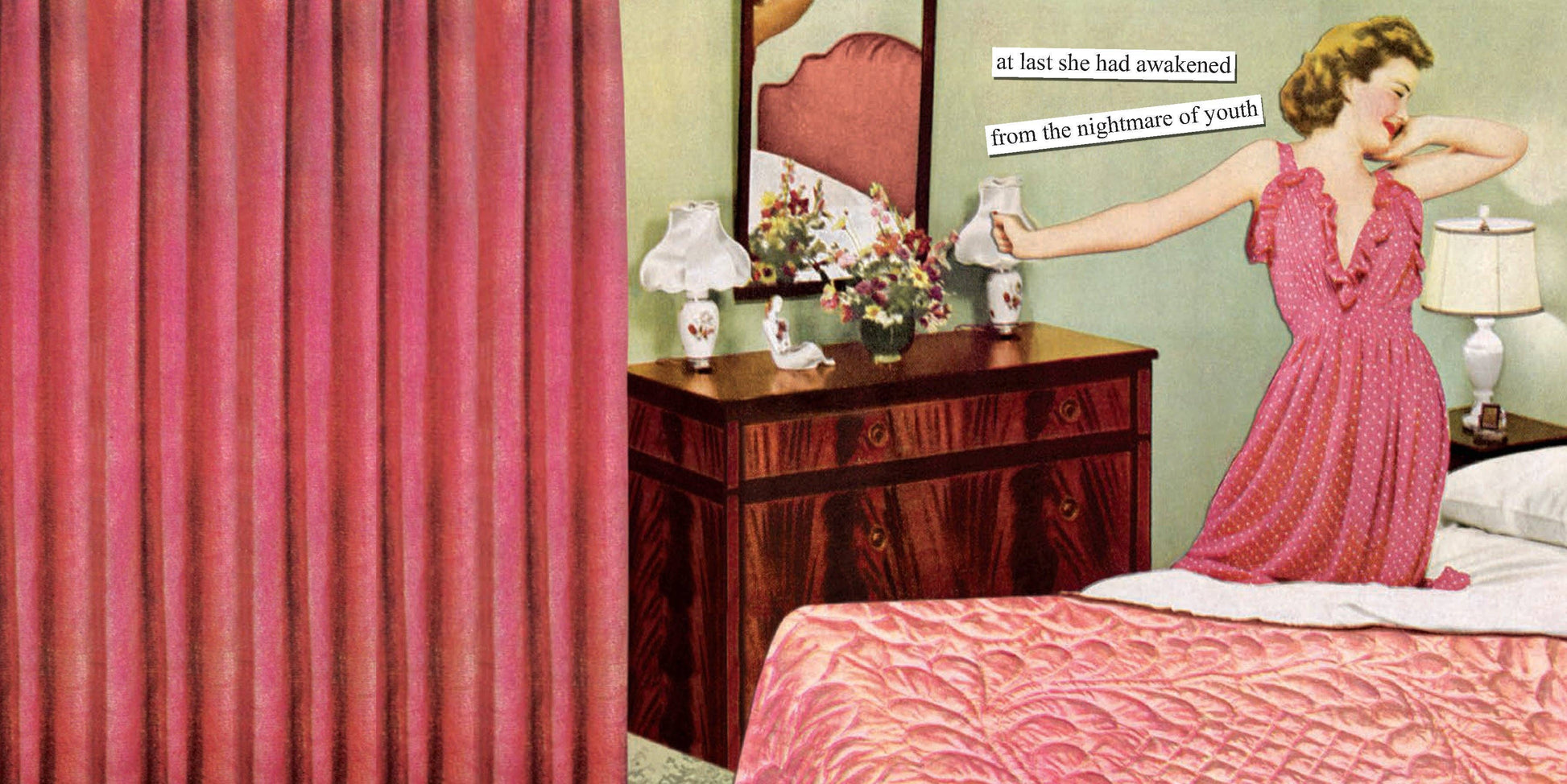 Vintage-style bedroom scene with a woman in a pink nightgown, curtains, and furniture.