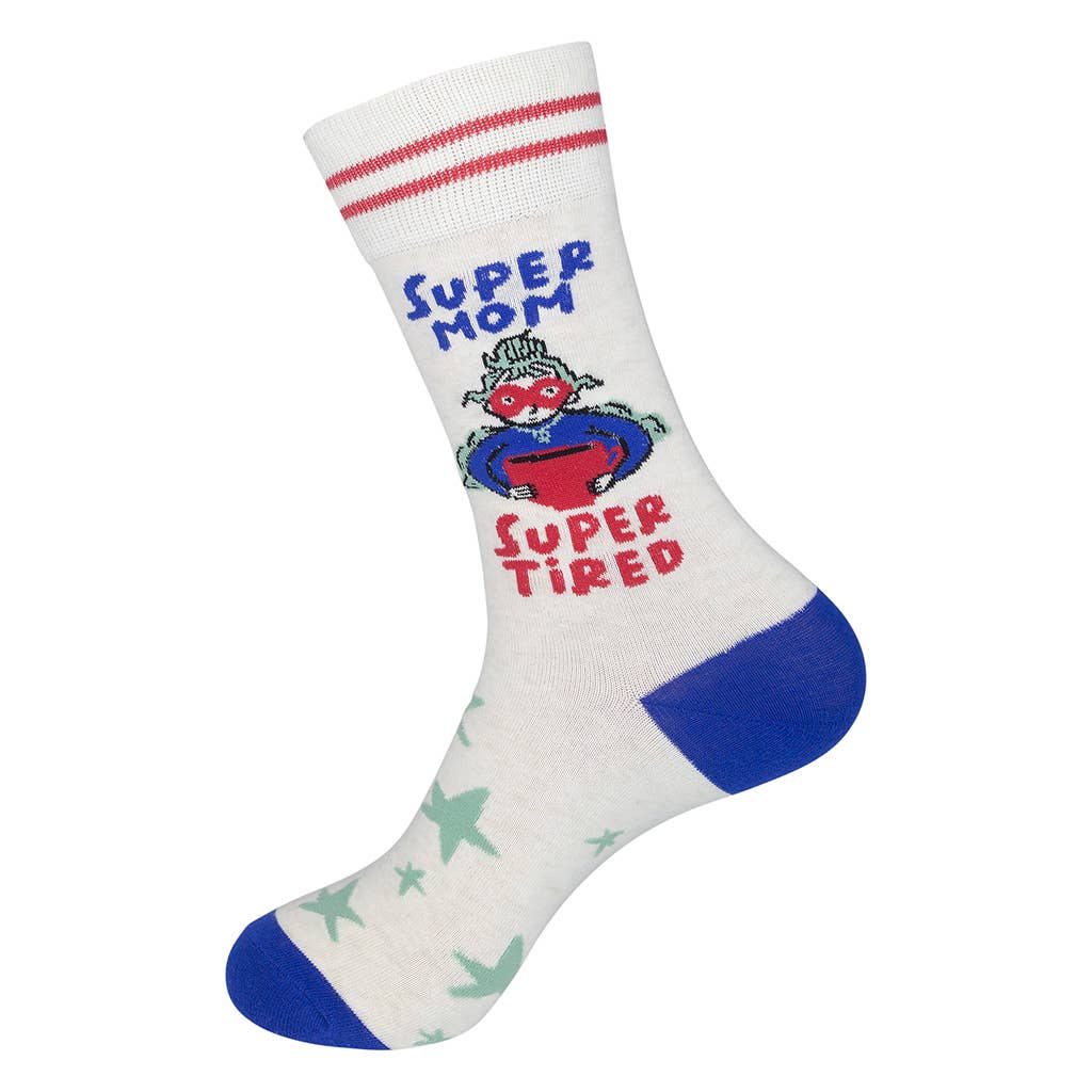 White sock with 'Super Mom Super Tired' text and superhero design on a white background