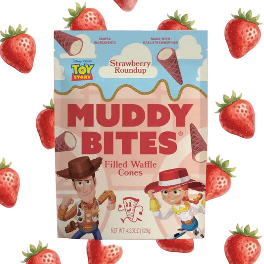 Muddy Bites cereal box with Toy Story characters on a white background with strawberries.