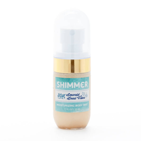 Body mist bottle labeled 'Shimmer' with gold cap on a white background