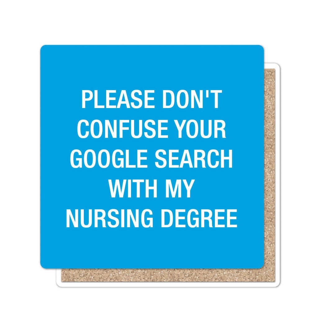 Blue coaster with white text on a white background