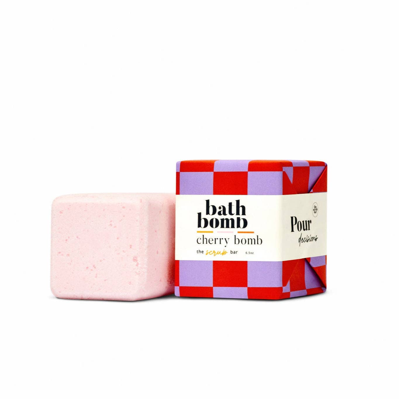 Pink 'Cherry Bomb 'bath bomb with red and purple checkered packaging box on a white background
