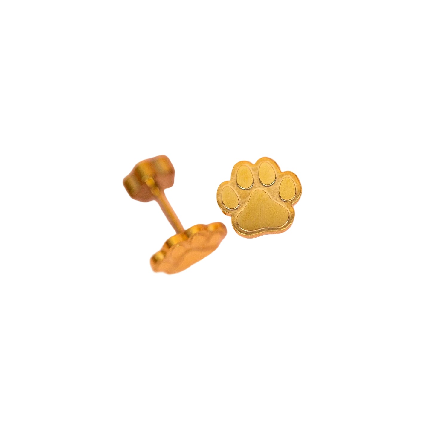 A pair of gold paw print stud earrings, with one earring showing the front paw design and the other showing the post and backing, set against a solid white background.