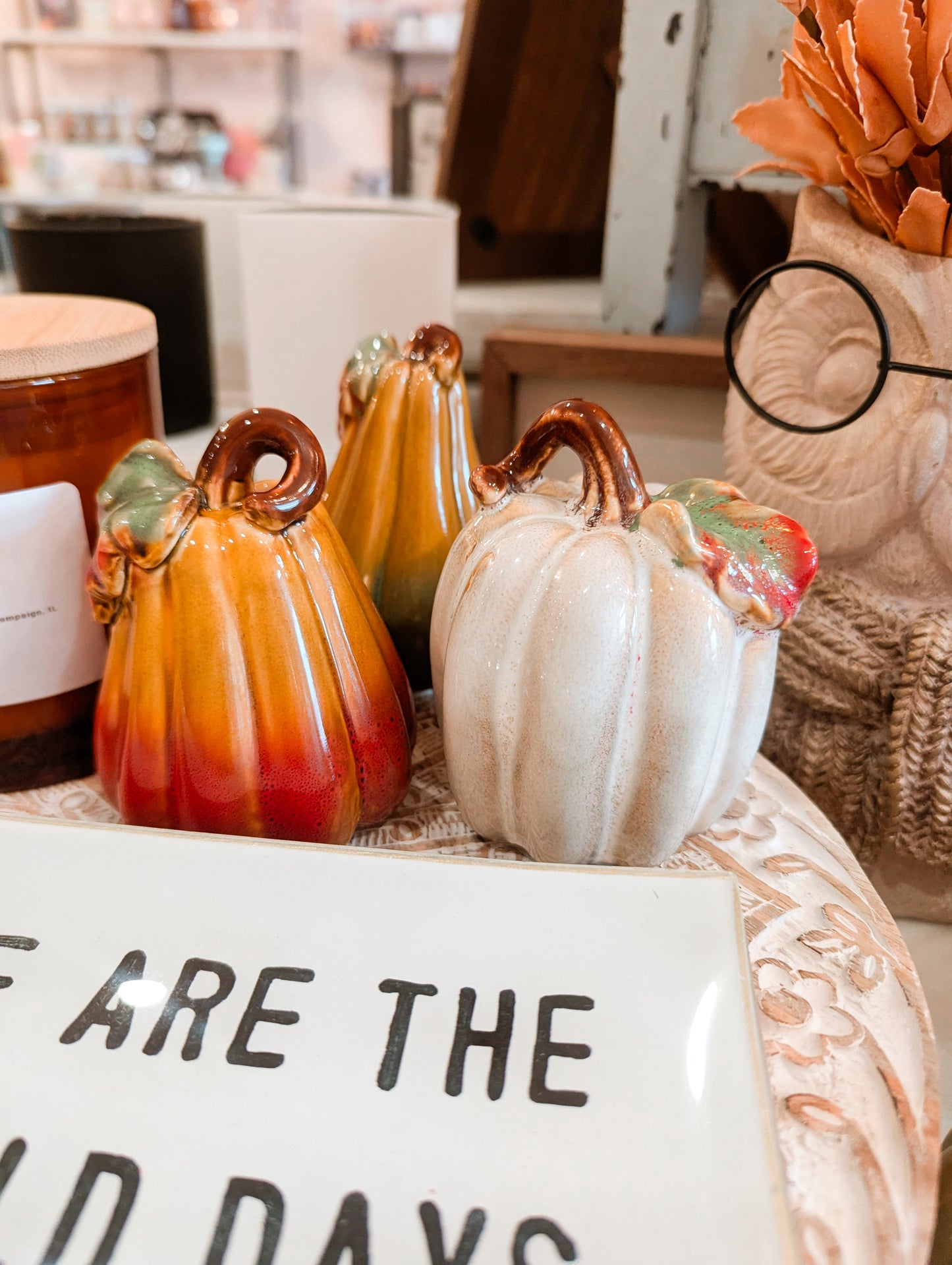 Caramel and Orange Ceramic Pumpkin with Leaf Detail