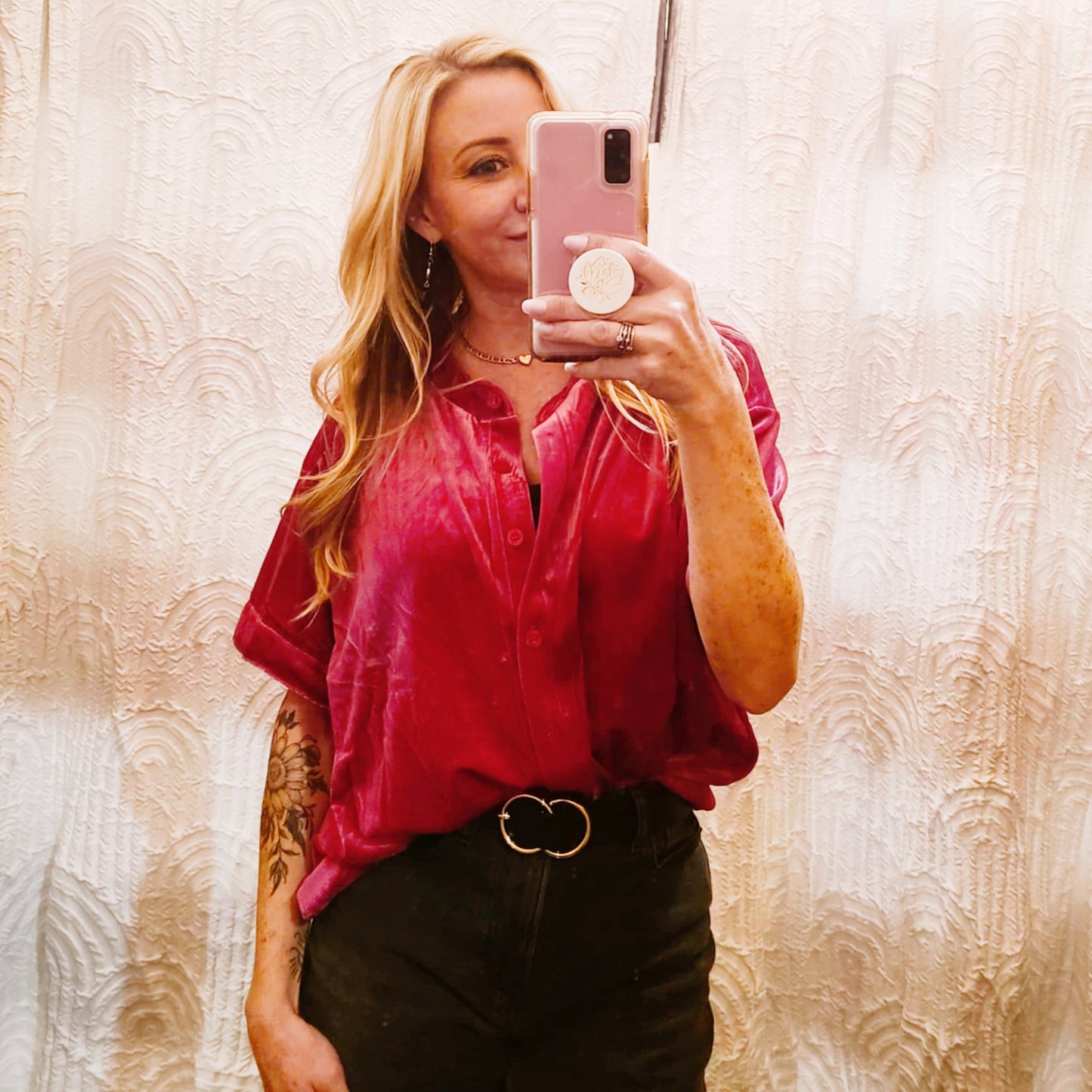 Magenta Velvet Button Down Blouse