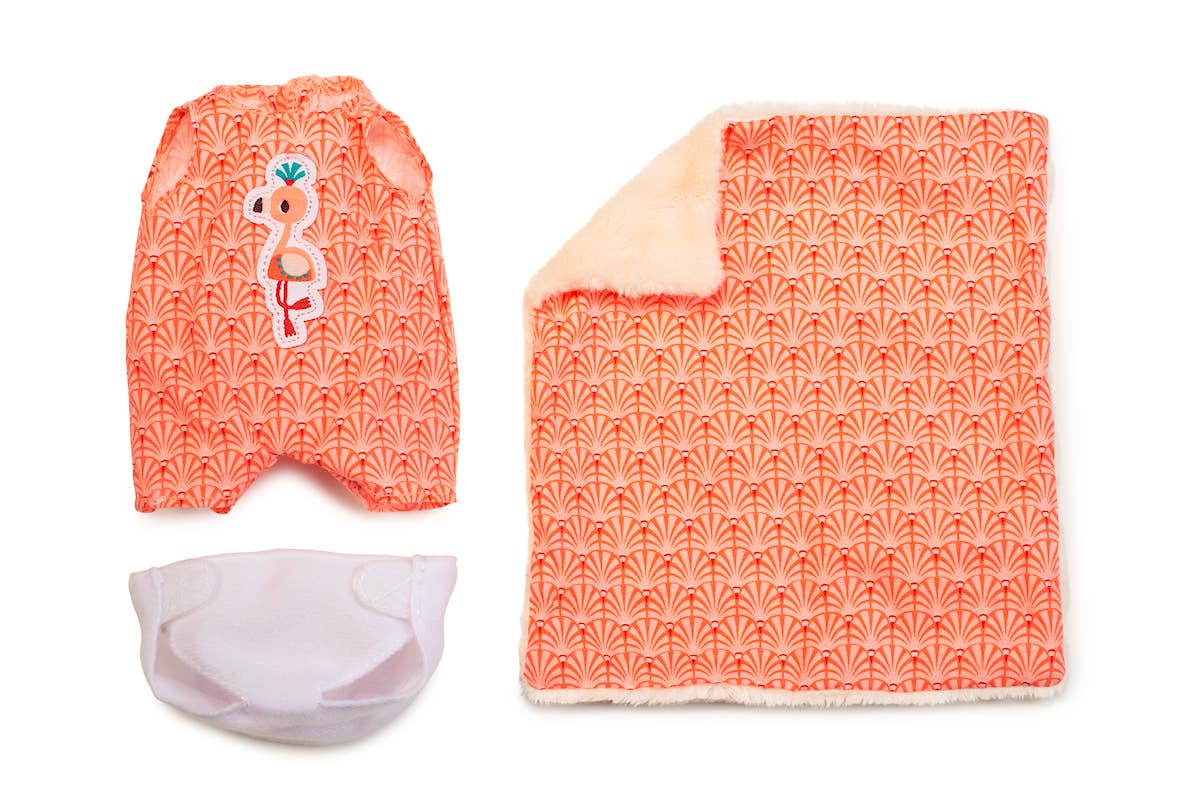 Baby diaper set with orange patterned cover, white diaper, and pink bag on a white background