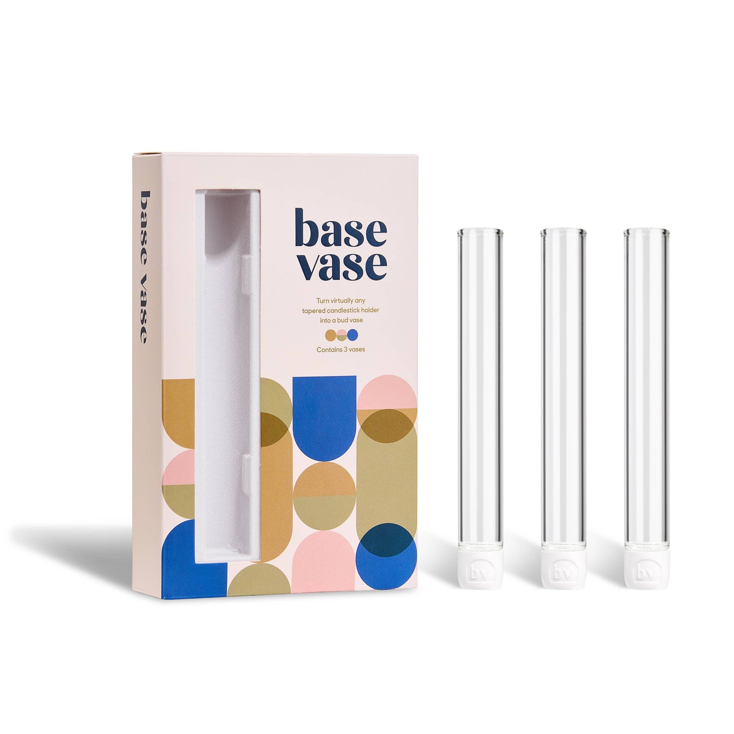 Base Vase packaging with three clear vases on a white background