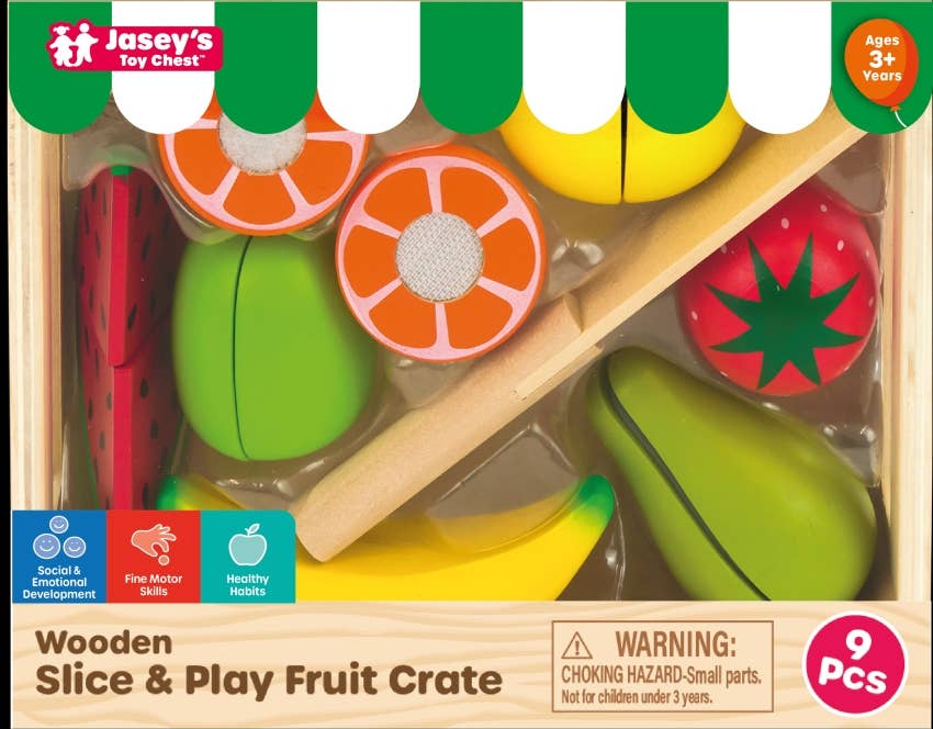 Wooden slice and play fruit crate set by Jasey's Toy Chest with various fruits and a knife.
