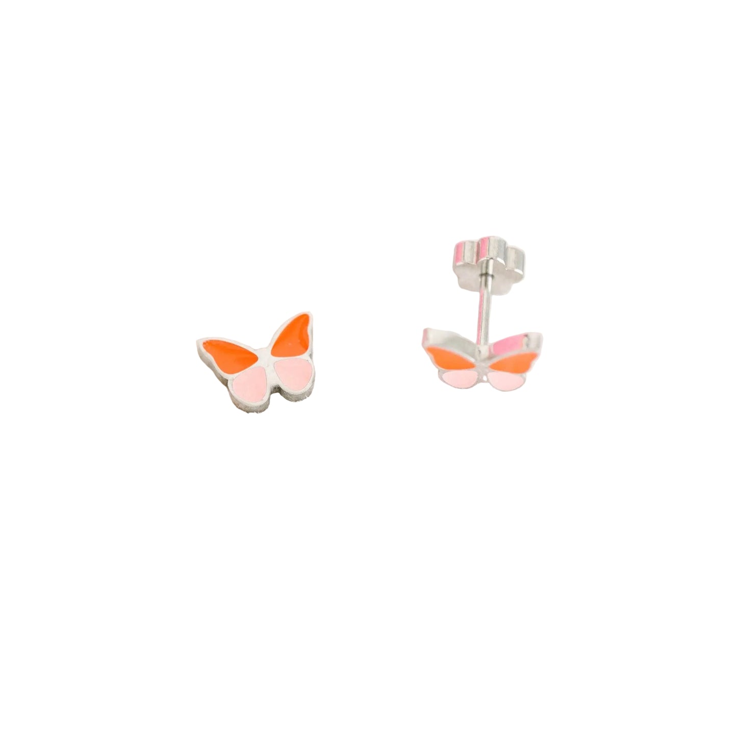 A pair of butterfly stud earrings with orange and light pink wings on silver posts, displayed on a white background