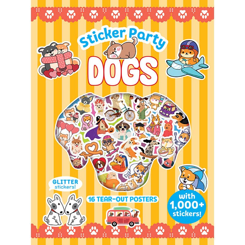 Sticker book cover with cartoon dogs and colorful design on a yellow background