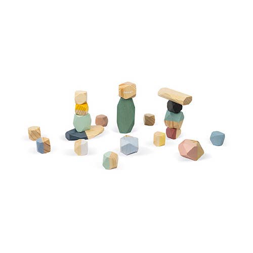 Set of colorful wooden building blocks on a white background