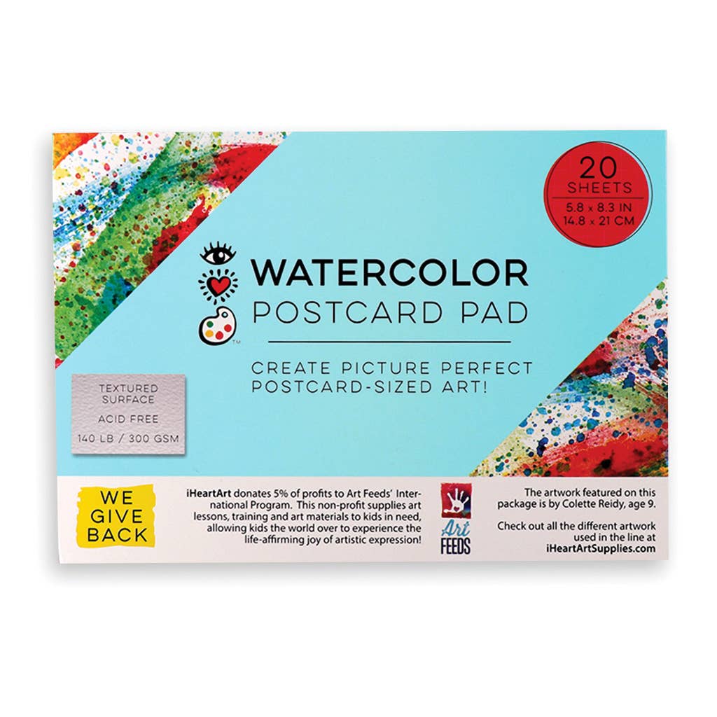 Watercolor postcard pad packaging with colorful design and text on a white background