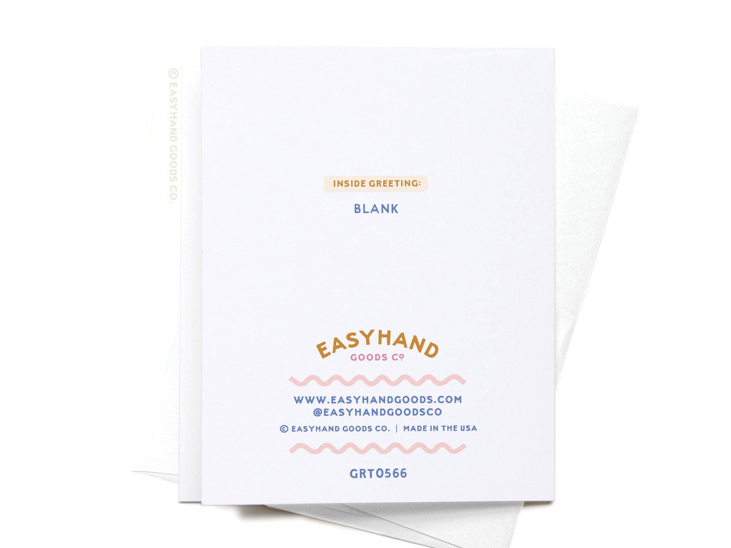 White greeting card with text and branding on a white background