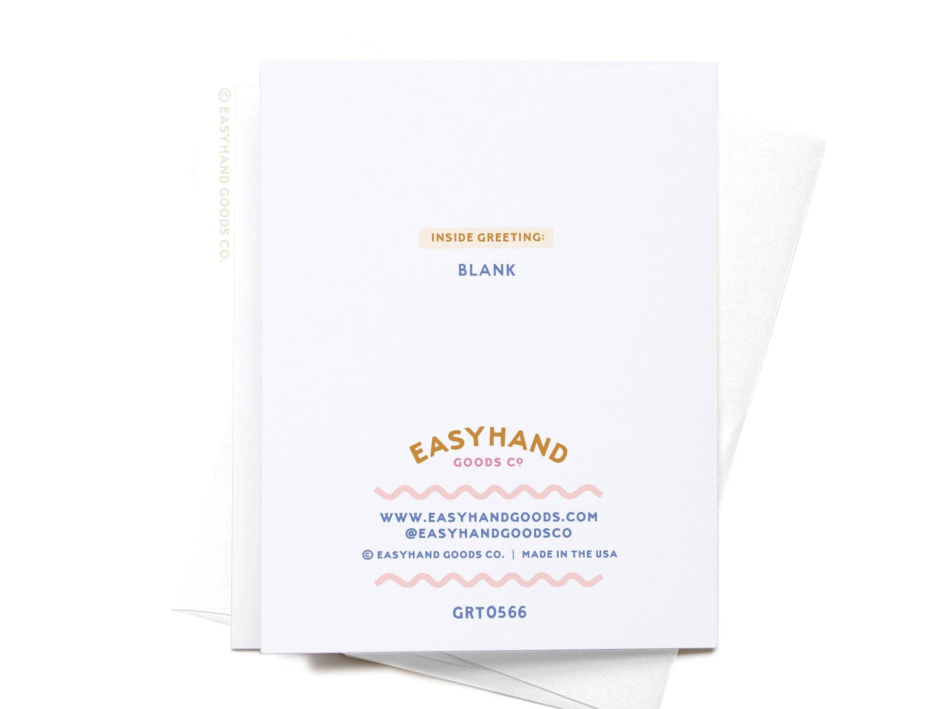White greeting card with text and branding on a white background