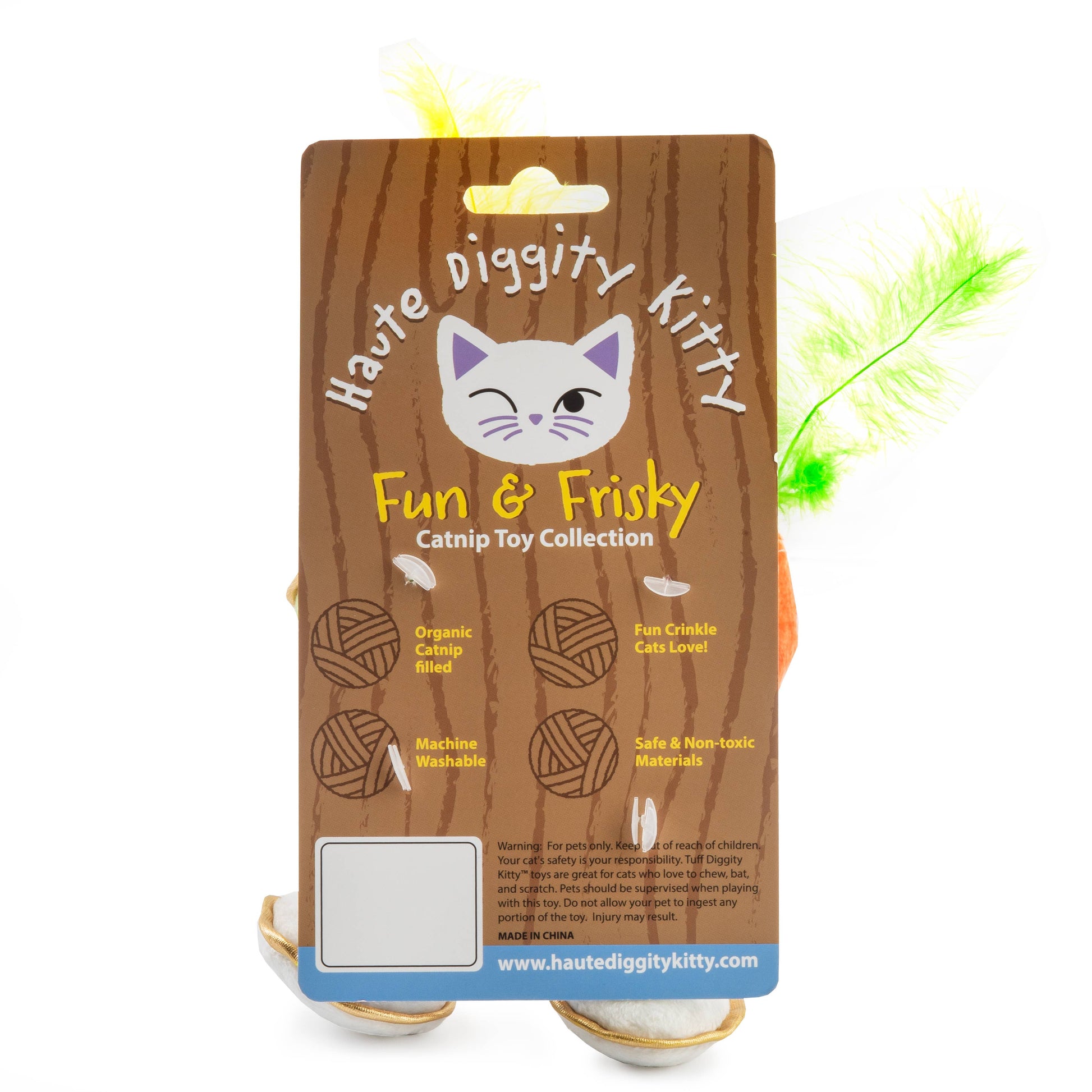 Catnip toy packaging with 'Haute Diggity Kitty' branding on a white background