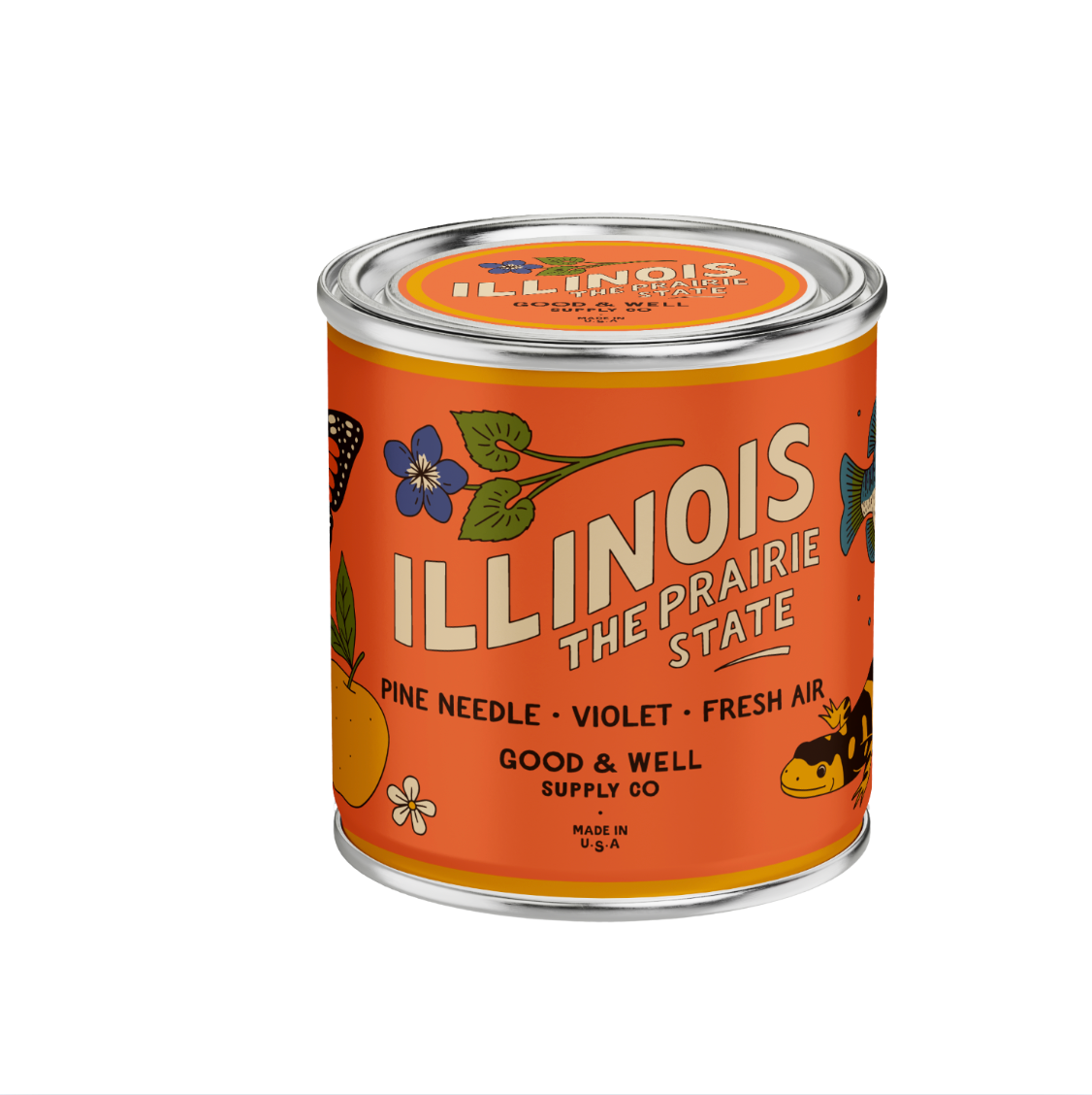 Canister with 'Illinois The Prairie State' label on an orange background
