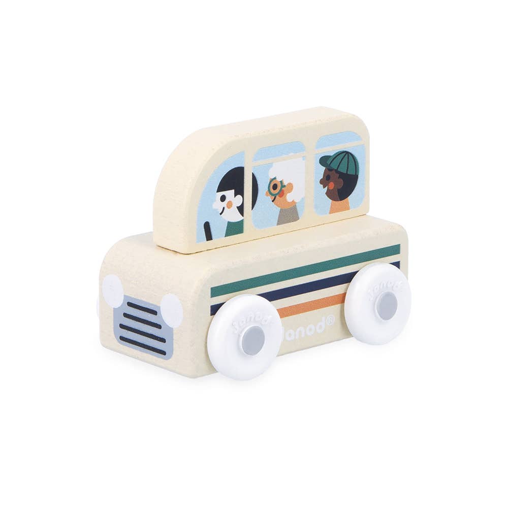 Toy bus with colorful design on a white background