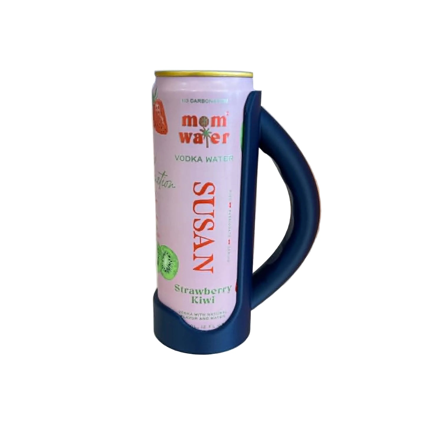 Pink can of 'Mom Water' with a navy blue handle on a white surface.