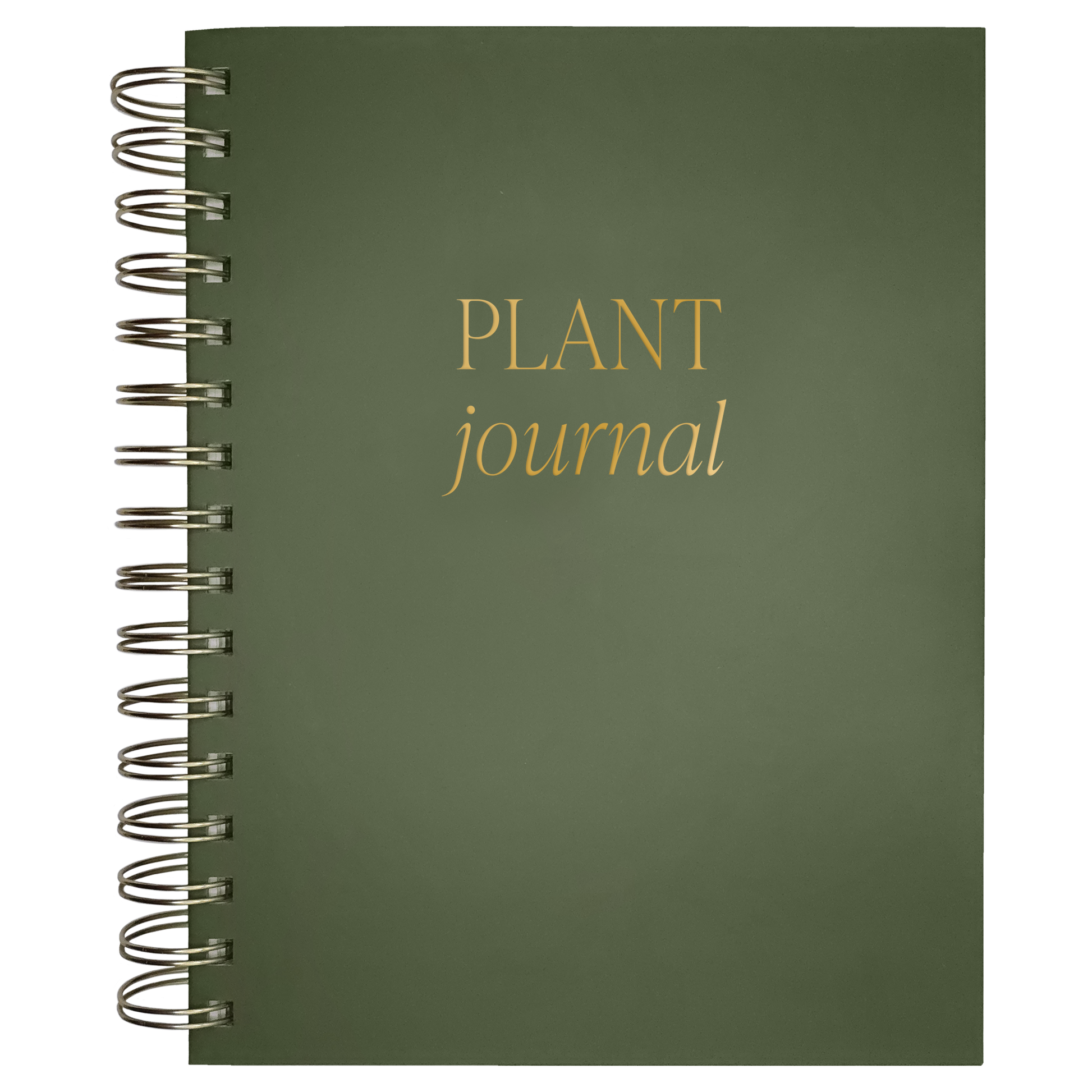 Green spiral-bound notebook with 'Plant Journal' text on a white background
