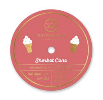 Round pink candle labeled 'Sherbet Cone' with ice cream cone illustrations on a white background