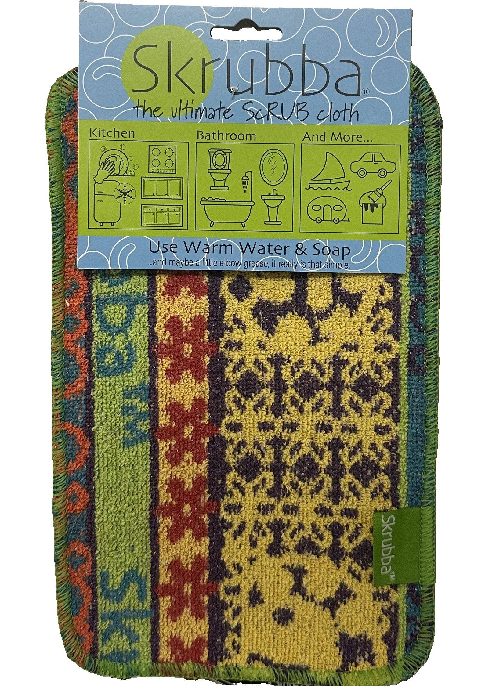 Skrubba scrub cloth with patterned design on a green background