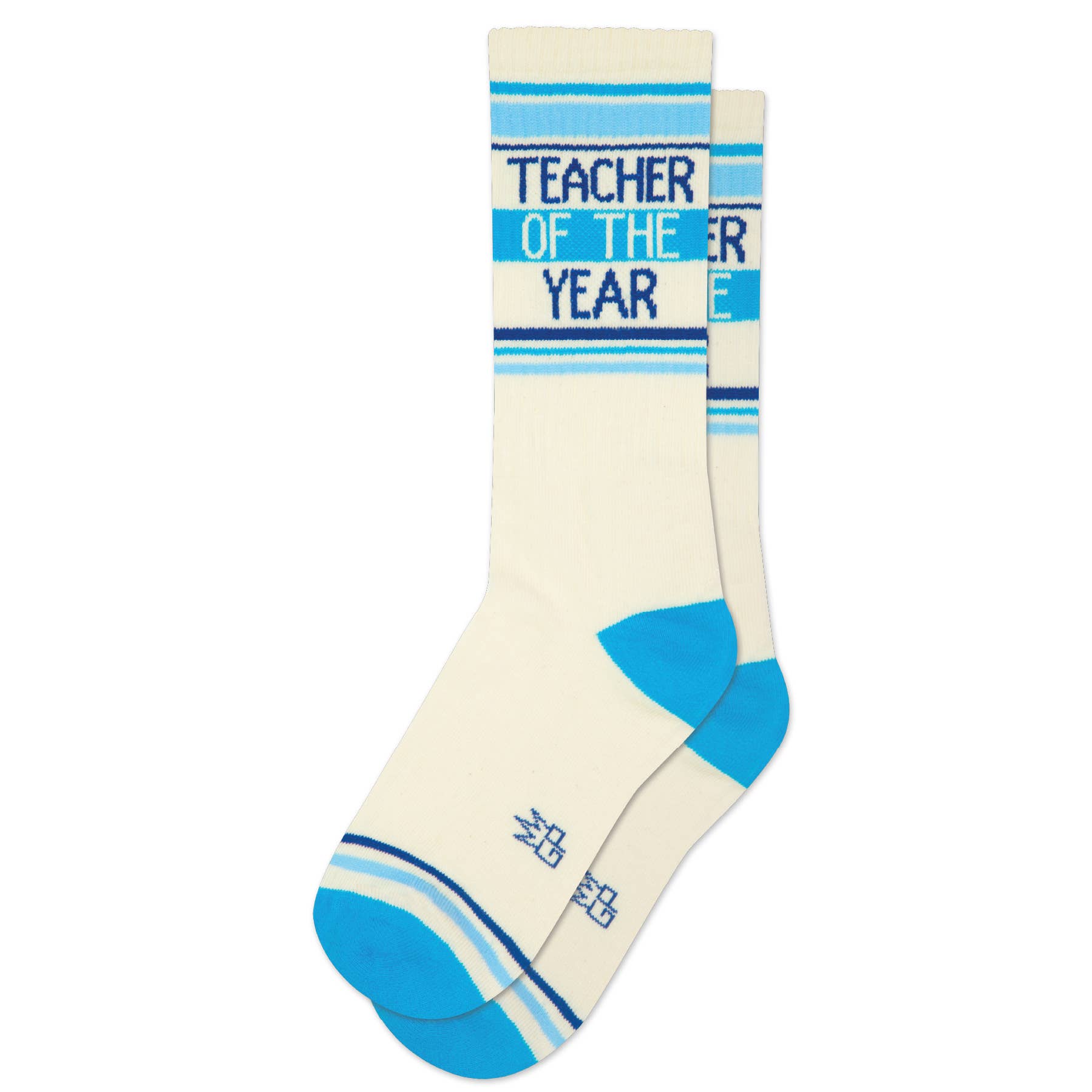 Cream-colored sock with blue accents and 'Teacher of the Year' text on a white background