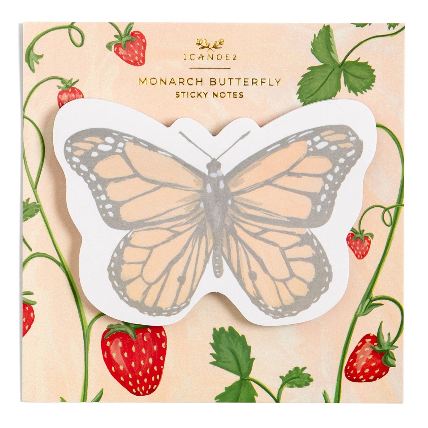 Monarch butterfly sticky notes with strawberry and leaf design on packaging
