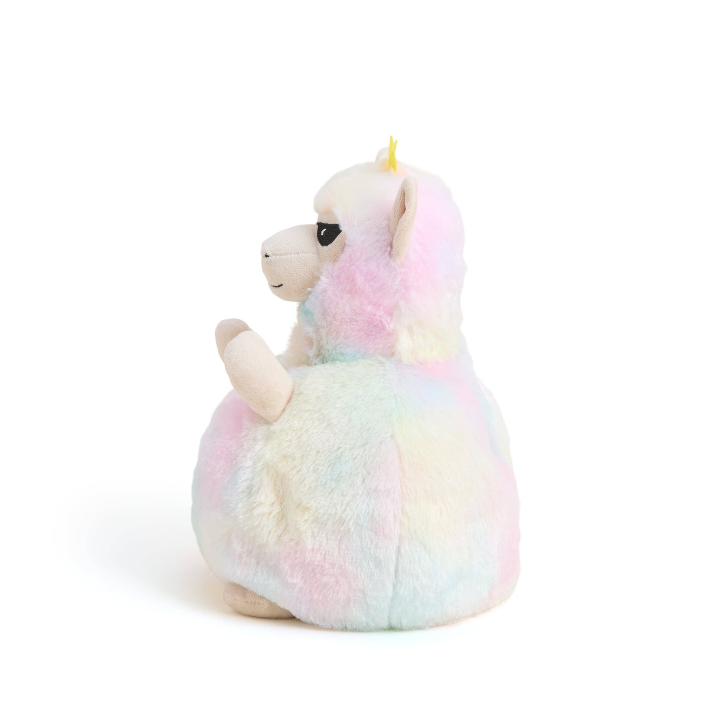 Plush toy llama with rainbow pattern on a white background