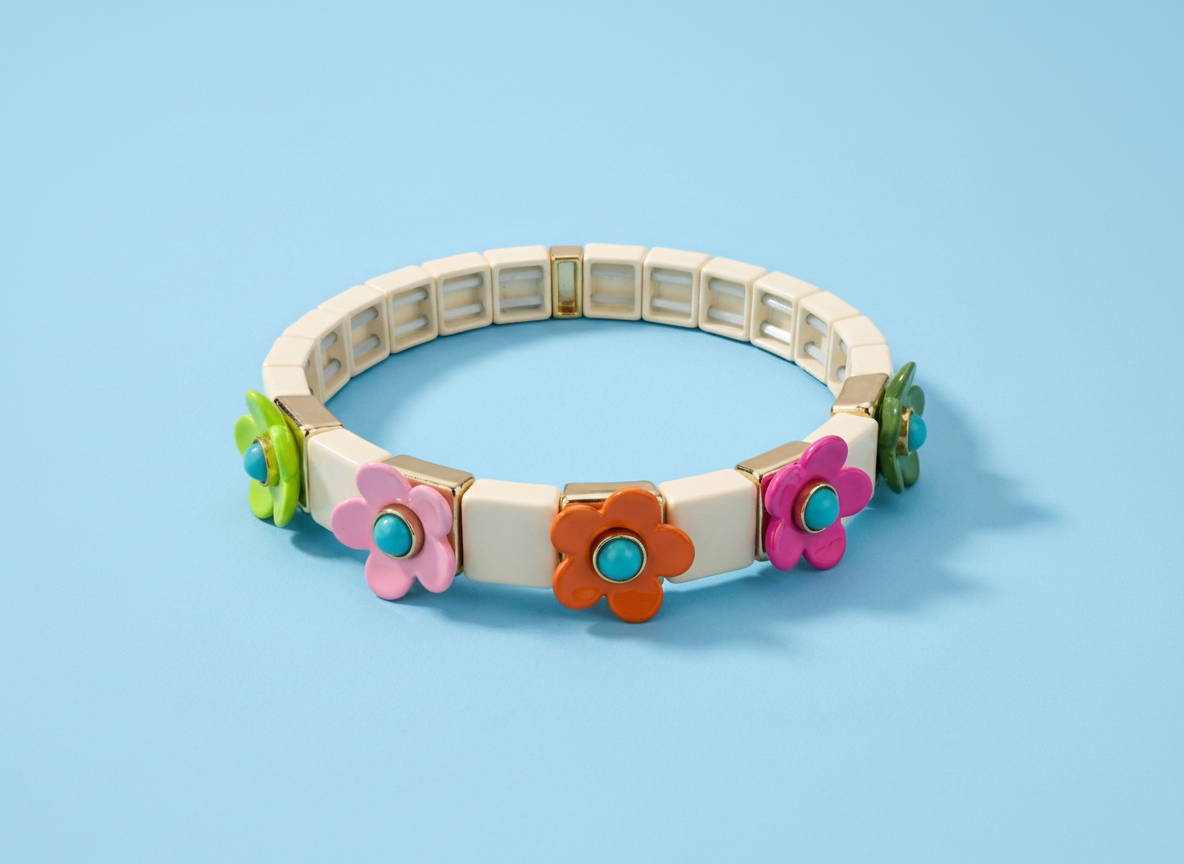 Enamel Stretch Bracelet- Poppy White w/ Rainbow