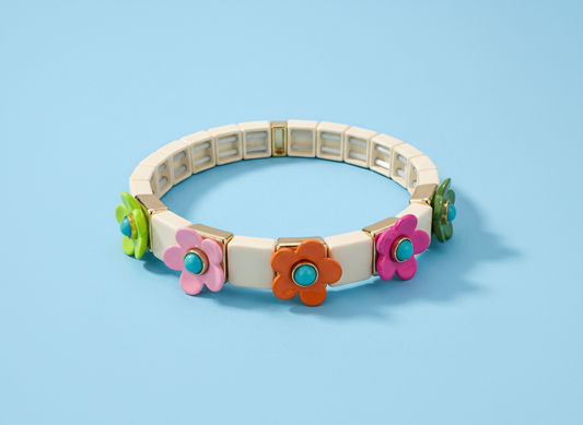Enamel Stretch Bracelet- Poppy White w/ Rainbow