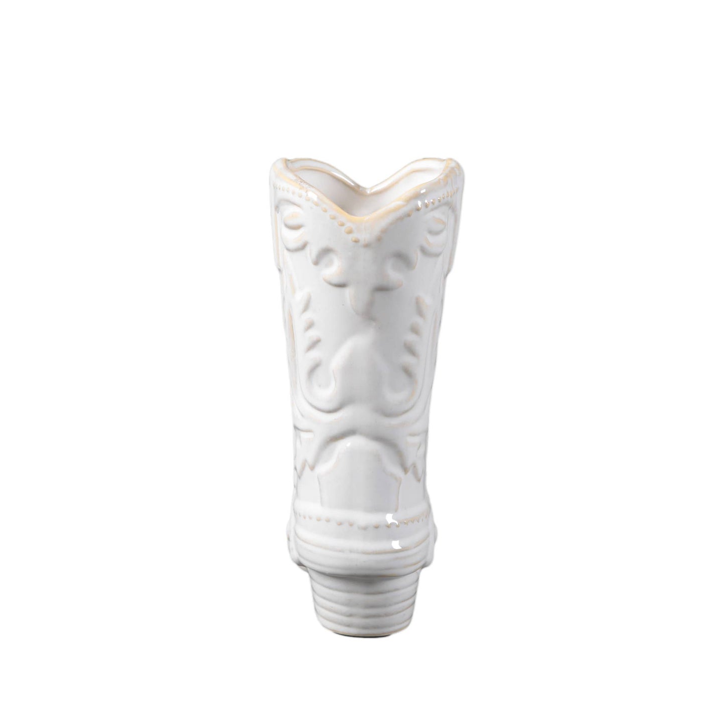 Back of white ceramic cowboy boot vase on a white background