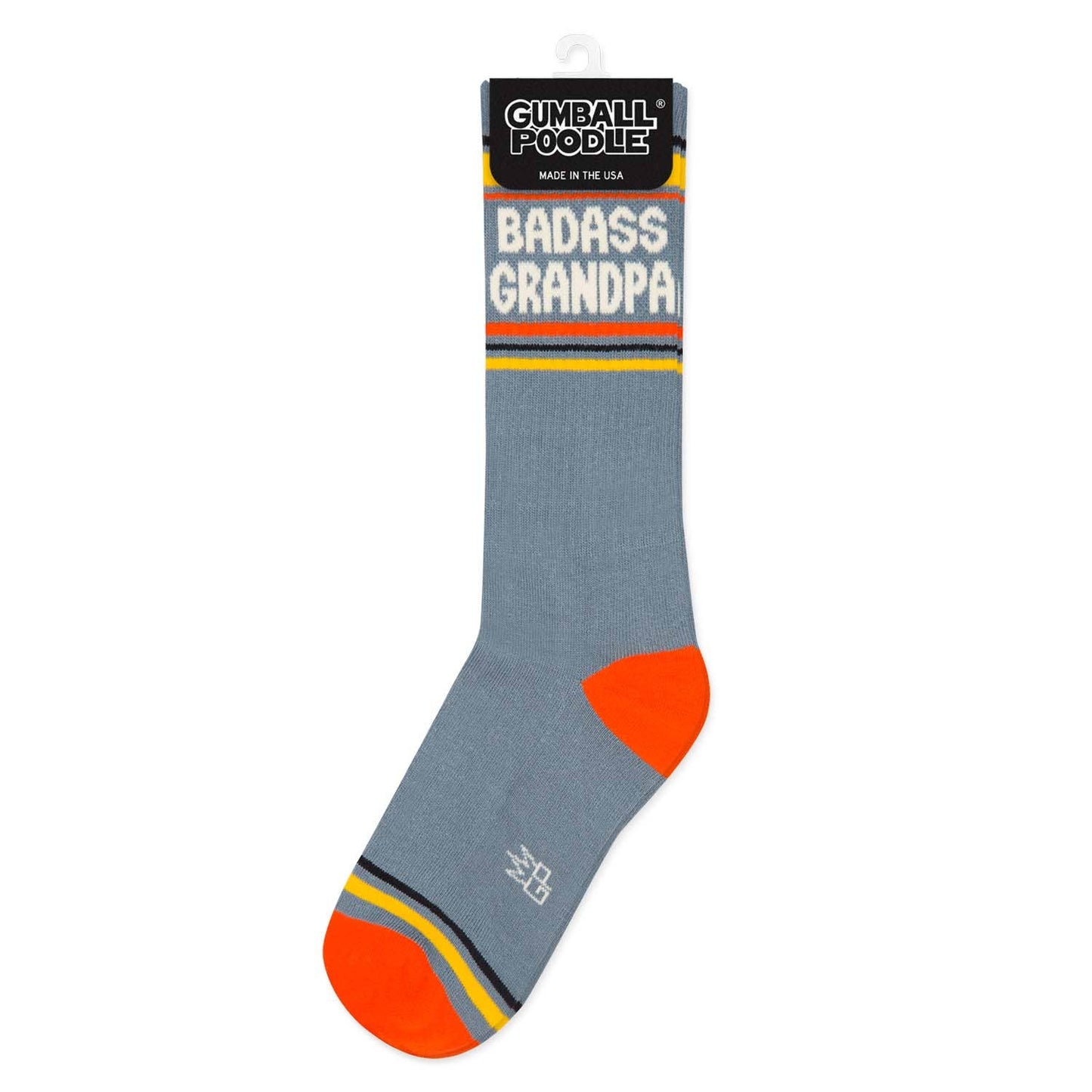 Gray sock with orange accents and 'Badass Grandpa' text on packaging