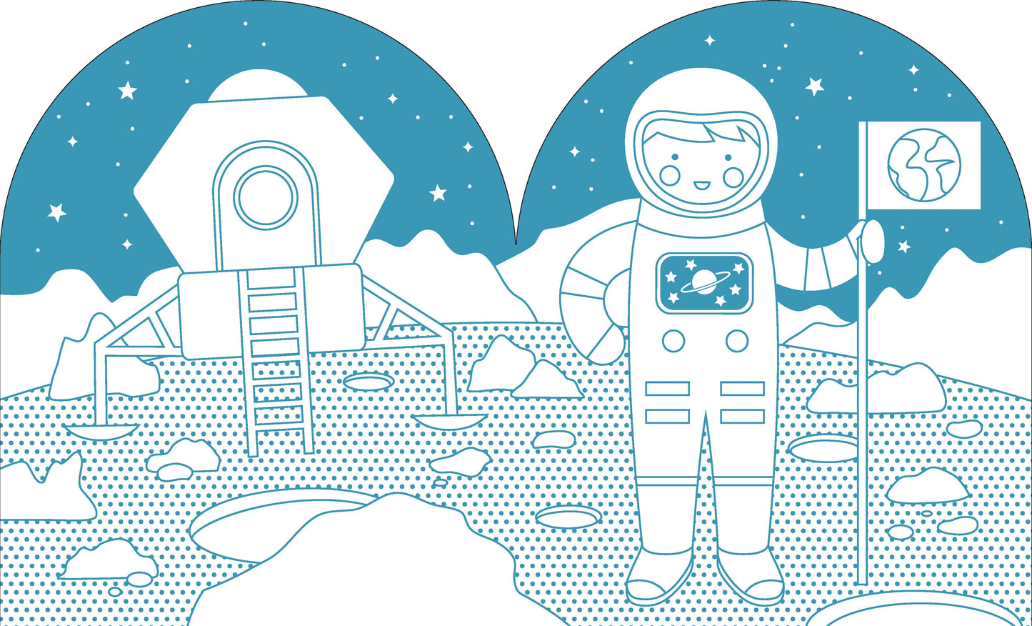Illustration of an astronaut on the moon with a space station in the background