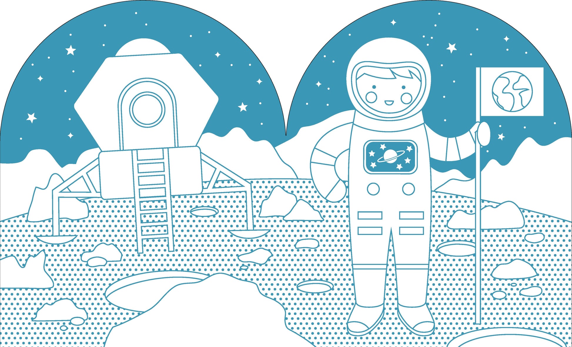 Illustration of an astronaut on the moon with a space station in the background