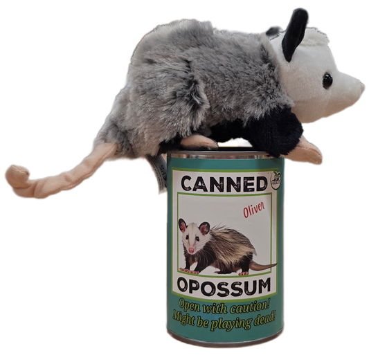 Plush opossum toy inside a can labeled 'Canned Opossum' on a white background