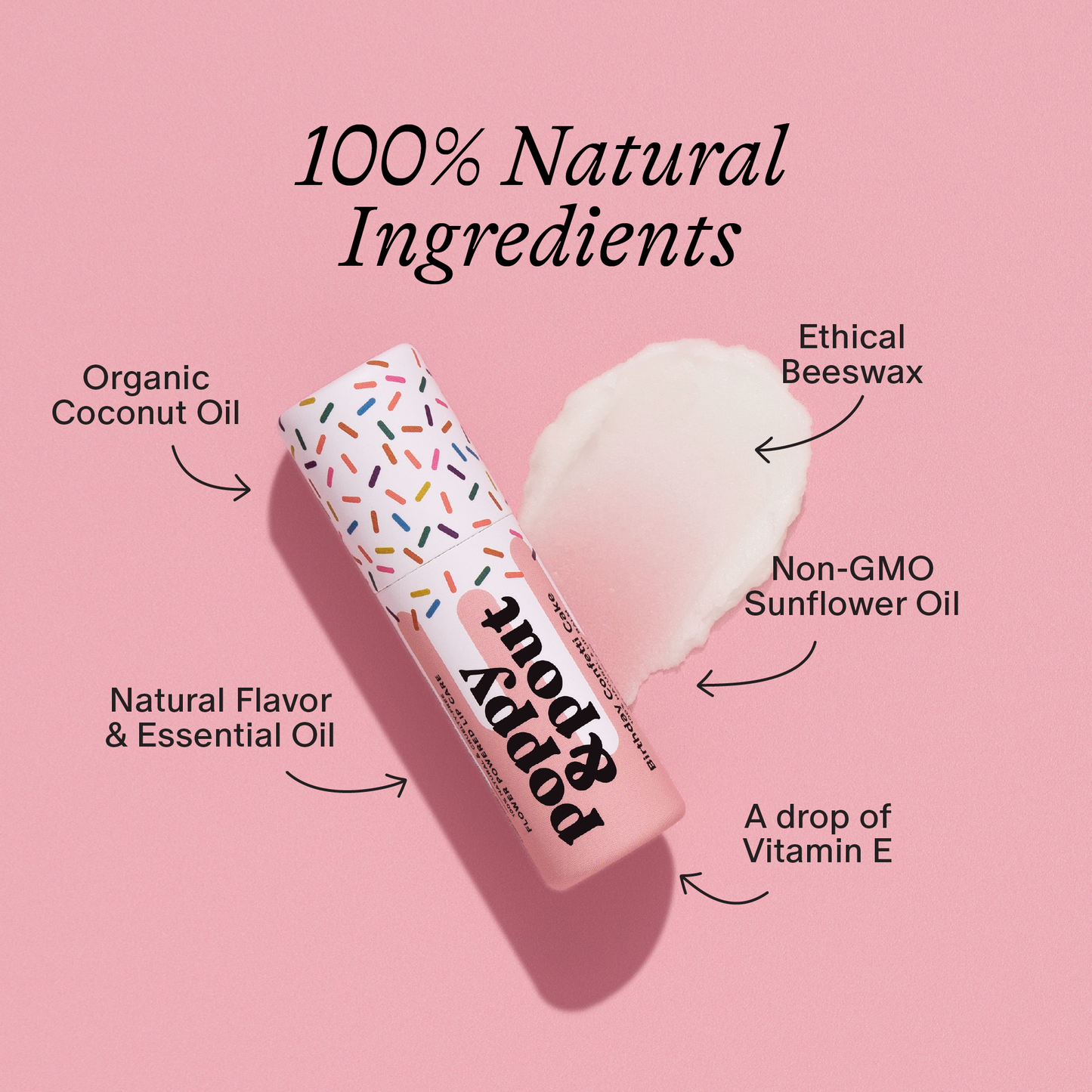 Lip balm with labeled natural ingredients on a pink background