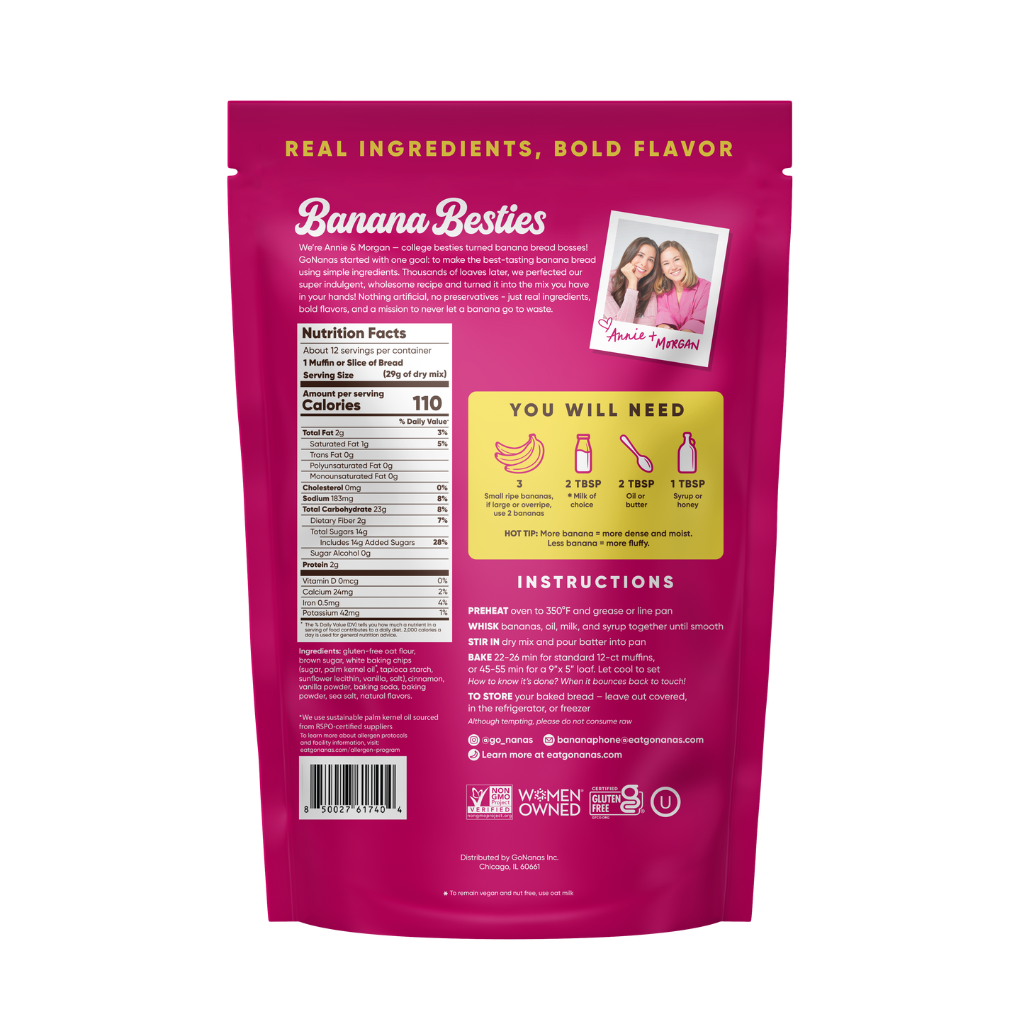 Pink package of Banana bread mix with nutritional information and instructions on a white background