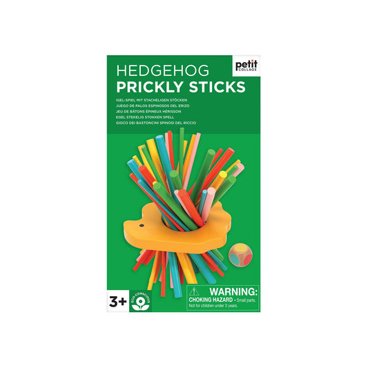 Packaging of Hedgehog Prickly Sticks toy with colorful sticks and hedgehog design on a green background.