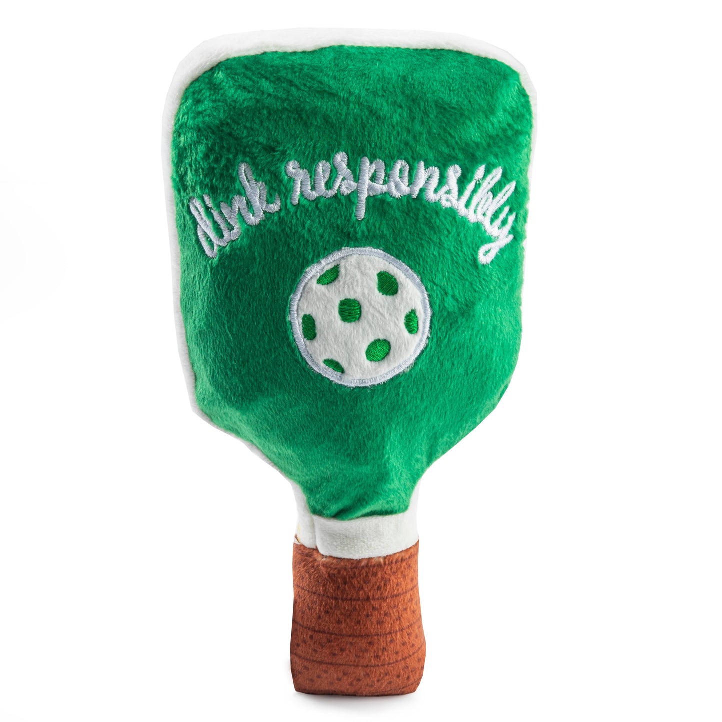Green pickleball paddle with 'dink responsibly' text on a white background