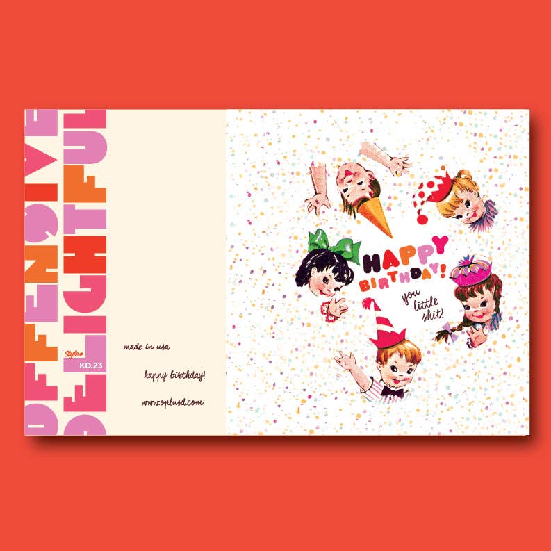 Birthday card with cartoon characters and colorful text on a white background