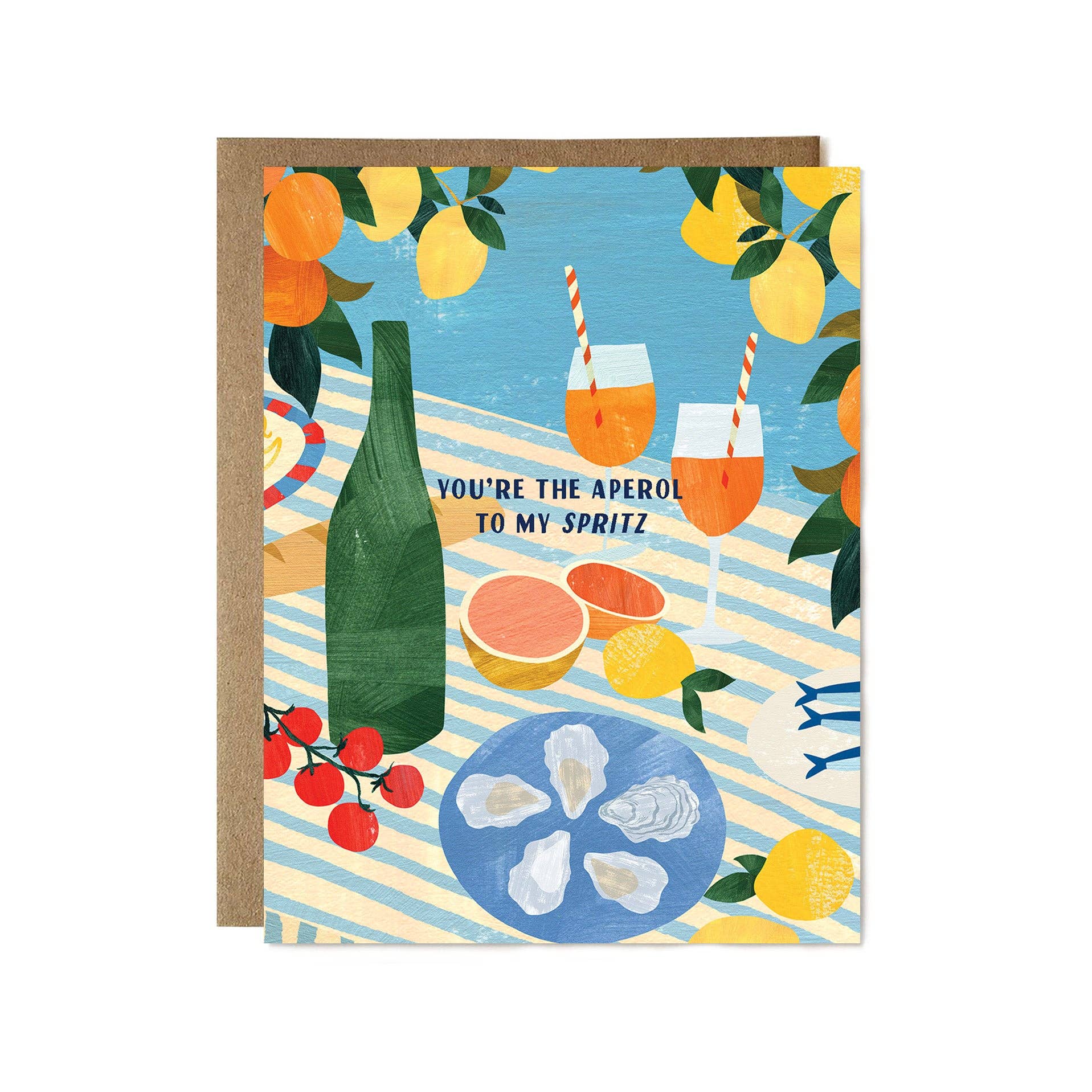 Greeting card with beach scene, drinks, and text 'You're the aperol to my spritz'.