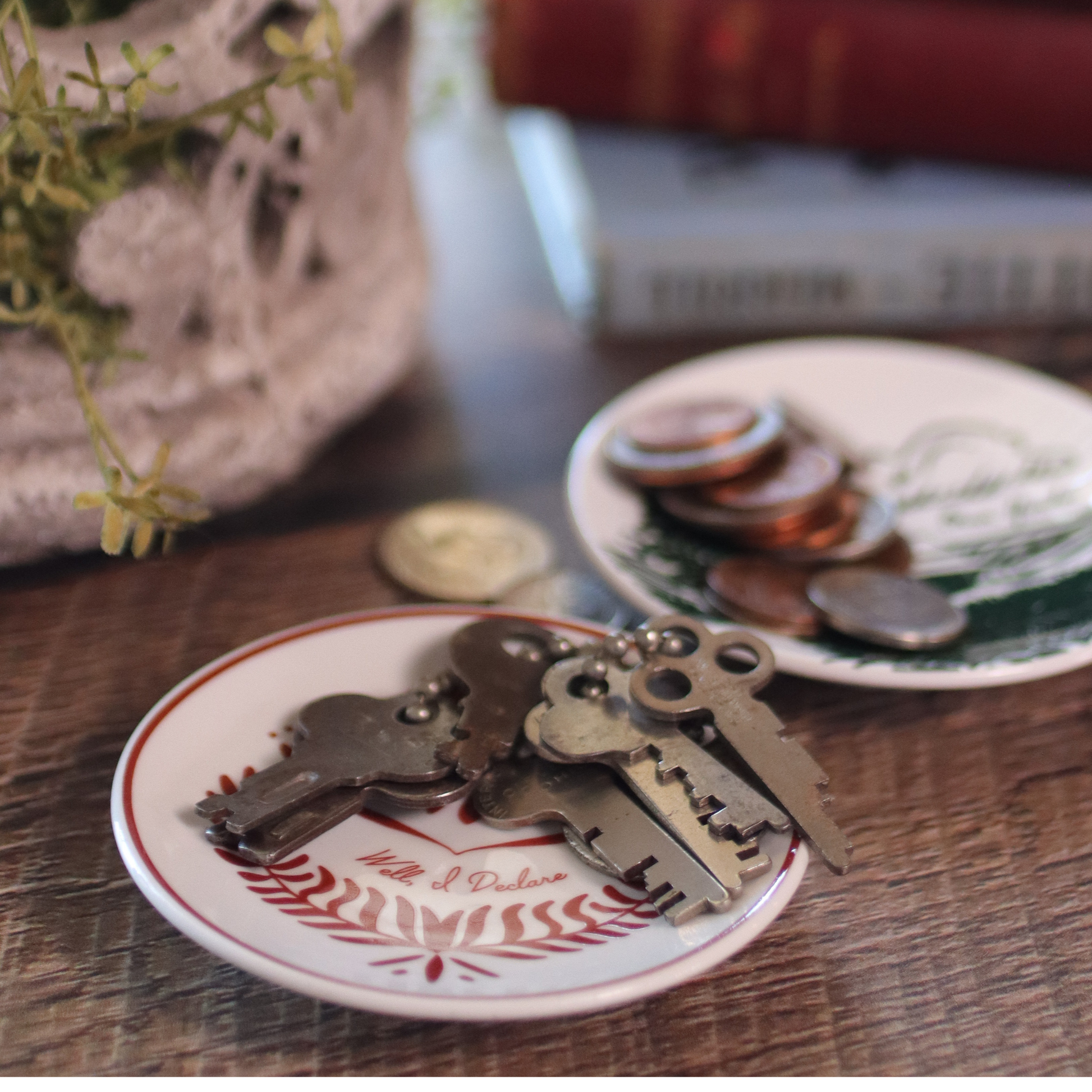 Decorative plate with vintage keys on a wooden surface with coins and a plant in the background.
